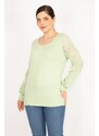 Şans Women's Green Plus Size Sleeves Tulle Lace Detailed Tunic