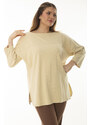 Şans Women's Plus Size Beige Robe and Slit Detailed Capri Sleeves Tunic