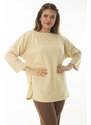 Şans Women's Plus Size Beige Robe and Slit Detailed Capri Sleeves Tunic