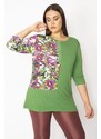 Şans Women's Large Size Green Pearl and Print Detailed Capri Sleeve Tunic