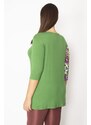 Şans Women's Large Size Green Pearl and Print Detailed Capri Sleeve Tunic