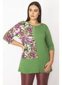 Şans Women's Large Size Green Pearl and Print Detailed Capri Sleeve Tunic