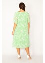 Şans Women's Plus Size Green Lined Chiffon Dress with Slit Sleeves