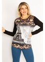 Şans Women's Plus Size Black Shoulder Collar Lace Stones And Print Detailed Tunic