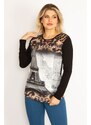 Şans Women's Plus Size Black Shoulder Collar Lace Stones And Print Detailed Tunic