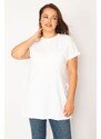 Şans Women's Plus Size White Cotton Fabric Side Slit Tunic