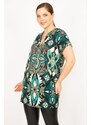 Şans Women's Green Plus Size V Neck Side Pockets Low Sleeve Tunic