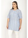 Şans Women's Plus Size Blue Glittery Crew Neck Chest Pocket Short Sleeve Tunic