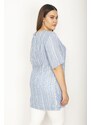 Şans Women's Plus Size Blue Glittery Crew Neck Chest Pocket Short Sleeve Tunic