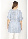 Şans Women's Plus Size Blue Glittery Crew Neck Chest Pocket Short Sleeve Tunic