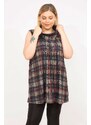 Şans Women's Colorful Plus Size Checkered Lycra Tunic with Ribs on the Chest