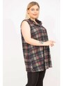 Şans Women's Colorful Plus Size Checkered Lycra Tunic with Ribs on the Chest