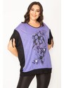 Şans Women's Plus Size Lilac Stone And Print Detailed Sleeve Tie Two Color Tunic