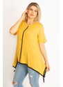 Şans Women's Plus Size Mustard Piping Detailed Tunic with a Lace-Up Hem