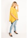 Şans Women's Plus Size Mustard Piping Detailed Tunic with a Lace-Up Hem