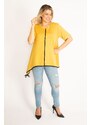 Şans Women's Plus Size Mustard Piping Detailed Tunic with a Lace-Up Hem