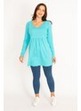 Şans Women's Plus Size Turquoise V-Neck Waist Detailed Tunic