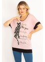 Şans Women's Plus Size Pink Cat Figure With Stones And Print Detailed Low-Sleeve Tunic