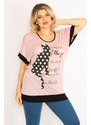 Şans Women's Plus Size Pink Cat Figure With Stones And Print Detailed Low-Sleeve Tunic