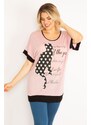 Şans Women's Plus Size Pink Cat Figure With Stones And Print Detailed Low-Sleeve Tunic