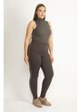 Şans Women's Plus Size Brown Leggings With Shimmer Detail On The Sides Trousers