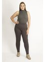 Şans Women's Plus Size Brown Leggings With Shimmer Detail On The Sides Trousers