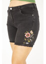 Şans Women's Plus Size Black Embroidery Detailed Denim Shorts
