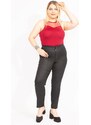 Şans Women's Black Plus Size Trousers Made of Faux Leather with a Hidden Belt, No Pocket