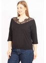 Şans Women's Black Plus Size Lace Detailed Blouse