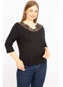 Şans Women's Black Plus Size Lace Detailed Blouse