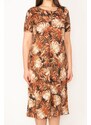 Şans Women's Plus Size Tan Flower Patterned Short Sleeve Viscose Dress