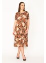 Şans Women's Plus Size Tan Flower Patterned Short Sleeve Viscose Dress