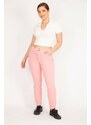 Şans Women's Pink Plus Size Waist Side Elastic Lycra 5-Pocket Trousers