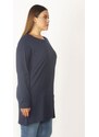 Şans Women's Plus Size Navy Blue Cotton Fabric Crew Neck Long Sleeve Tunic