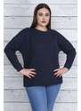 Şans Women's Plus Size Navy Blue Double Knitted See-through Embossed Ribbed Tunic