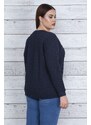 Şans Women's Plus Size Navy Blue Double Knitted See-through Embossed Ribbed Tunic