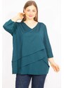 Şans Women's Petrol Plus Size V-Neck Capri Sleeves Ruffle Tunic