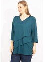 Şans Women's Petrol Plus Size V-Neck Capri Sleeves Ruffle Tunic