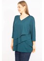 Şans Women's Petrol Plus Size V-Neck Capri Sleeves Ruffle Tunic