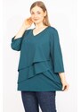 Şans Women's Petrol Plus Size V-Neck Capri Sleeves Ruffle Tunic