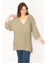 Şans Women's Plus Size Green Lycra V-Neck Bat Sleeve Tunic