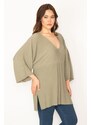 Şans Women's Plus Size Green Lycra V-Neck Bat Sleeve Tunic