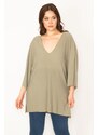 Şans Women's Plus Size Green Lycra V-Neck Bat Sleeve Tunic