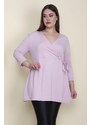 Şans Women's Large Size Pink Wrap Collar Side Ornament Tied Tunic