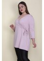 Şans Women's Large Size Pink Wrap Collar Side Ornament Tied Tunic