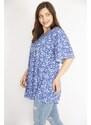 Şans Women's Blue Plus Size V Neck A Front Pleated Tunic