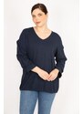 Şans Women's Navy Blue Large Size Sleeve Detailed Tunic with Elastic Hem