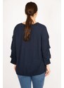 Şans Women's Navy Blue Large Size Sleeve Detailed Tunic with Elastic Hem