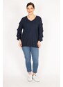 Şans Women's Navy Blue Large Size Sleeve Detailed Tunic with Elastic Hem