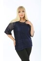 Şans Women's Plus Size Navy Blue Lined Lace Tunic